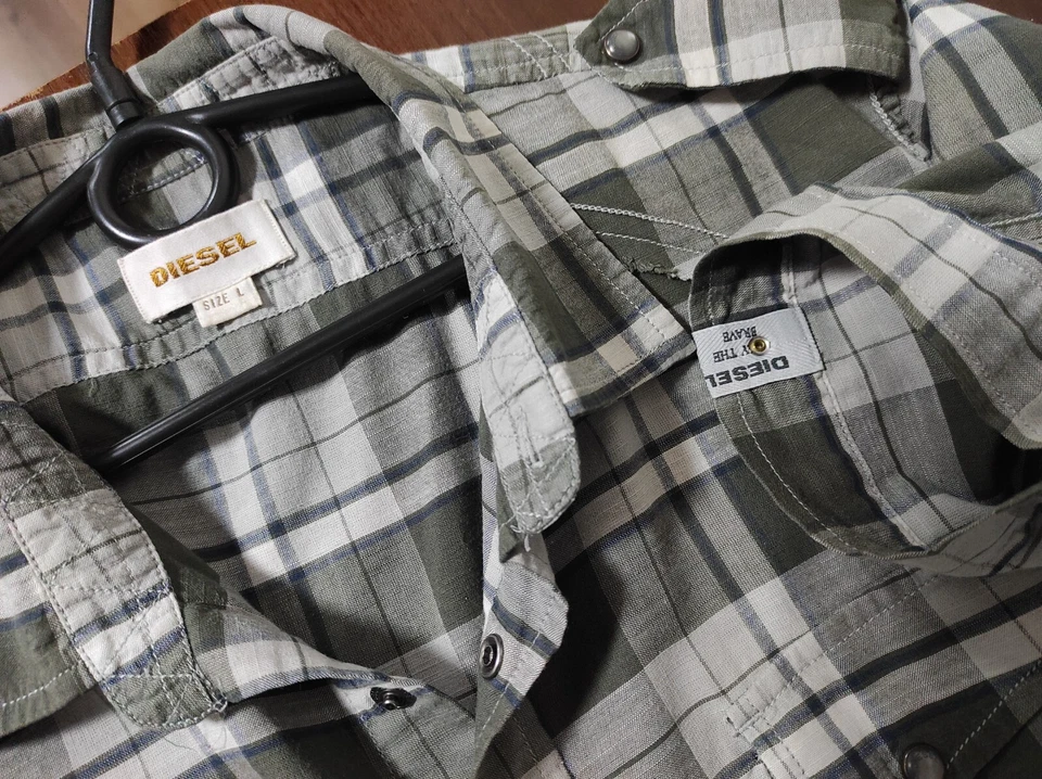 Diesel Vintage Grey Checked Short Sleeve Mens Shirt Size L - Image 2 of 4