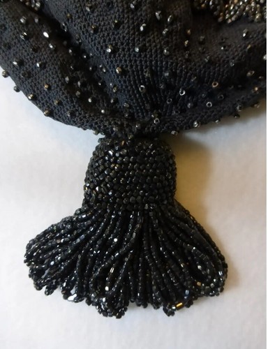 Black Antique Crocheted Drawstring Bag with Faceted Black Beads and Chain - Picture 4 of 5