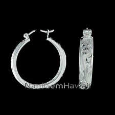 Hawaiian 925 Sterling Silver 6mm Round Plumeria Scroll 1T Silver Hoop Earrings