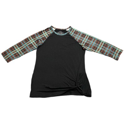 CRAZY TRAIN Black Multicolor Plaid 3/4 Sleeve Stretch Top Shirt Size M