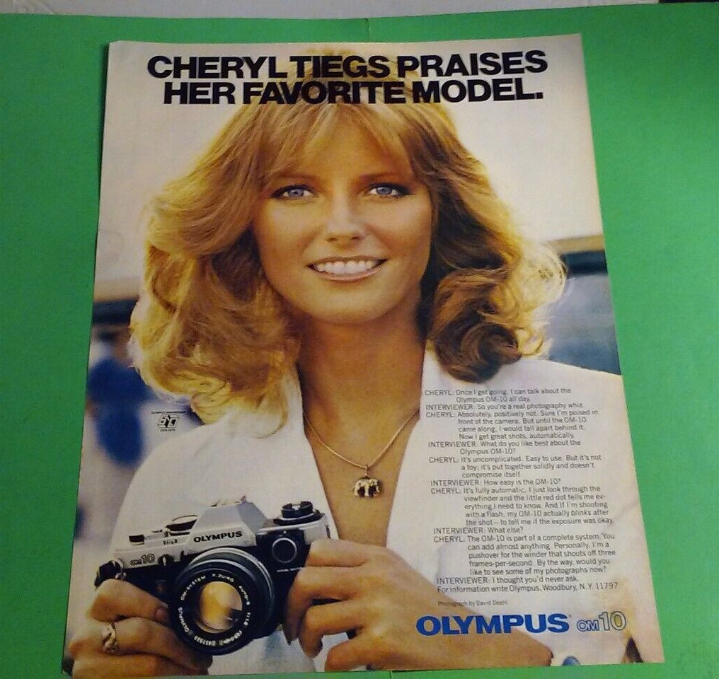1980 Olympus OM-10 Camera PRINT AD Cheryl Tiegs Praises Her Favorite Model
