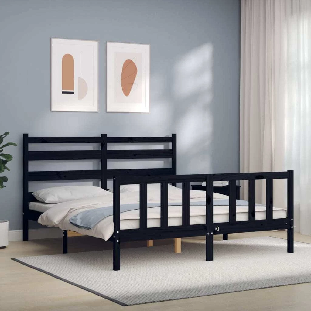 Bed Frame with Headboard Black King Size Solid Wood vidaXL