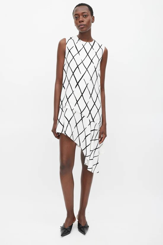 NWT Balenciaga White & Black Argyle Printed Asymmetric Dress