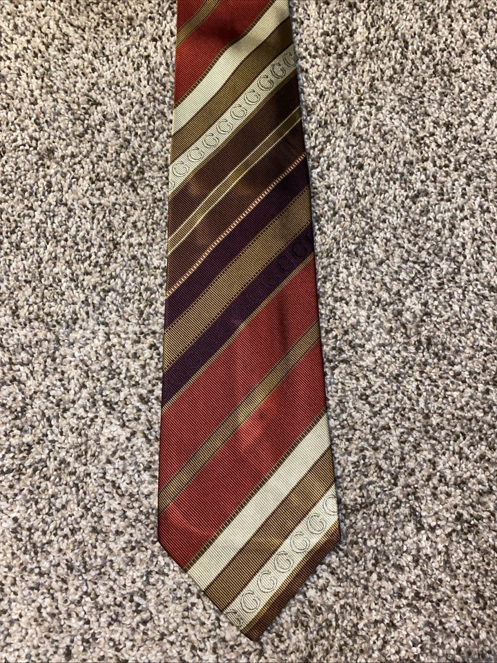Rare Vintage Gucci Necktie Designer Stripe Logo Orange Gold White 100% Silk - Image 2 of 3