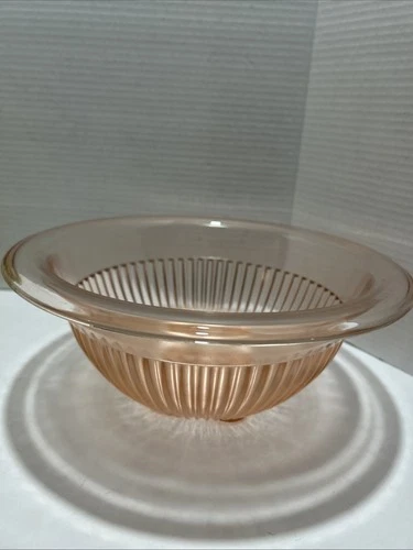 Vintage Hazel Atlas Pink Depression Ribbed Glass Bowl Rolled Edge 11”
