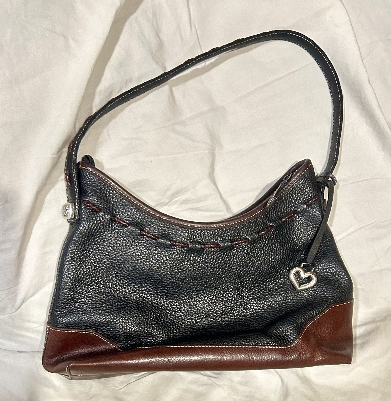 BRIGHTON Vintage Black and Brown Pebbled Leather Hobo Shoulder Bag Purse