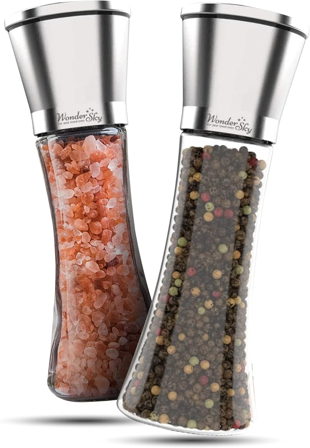 Set of 2 Salt and Pepper Grinder, Tall Glass Salt Pepper Grinder Set Refillable