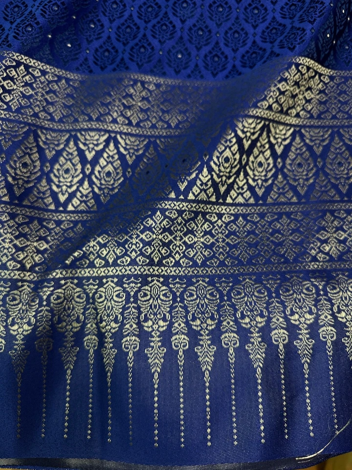Blue Old Gold Thai-Laos Silk Damask Traditional Fabric BTY Formal Skirts Dress - Image 3 of 4