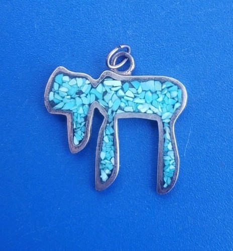 Vintage Sterling Silver Chai Pendant with Turquoise Inlay. Judaica Israel