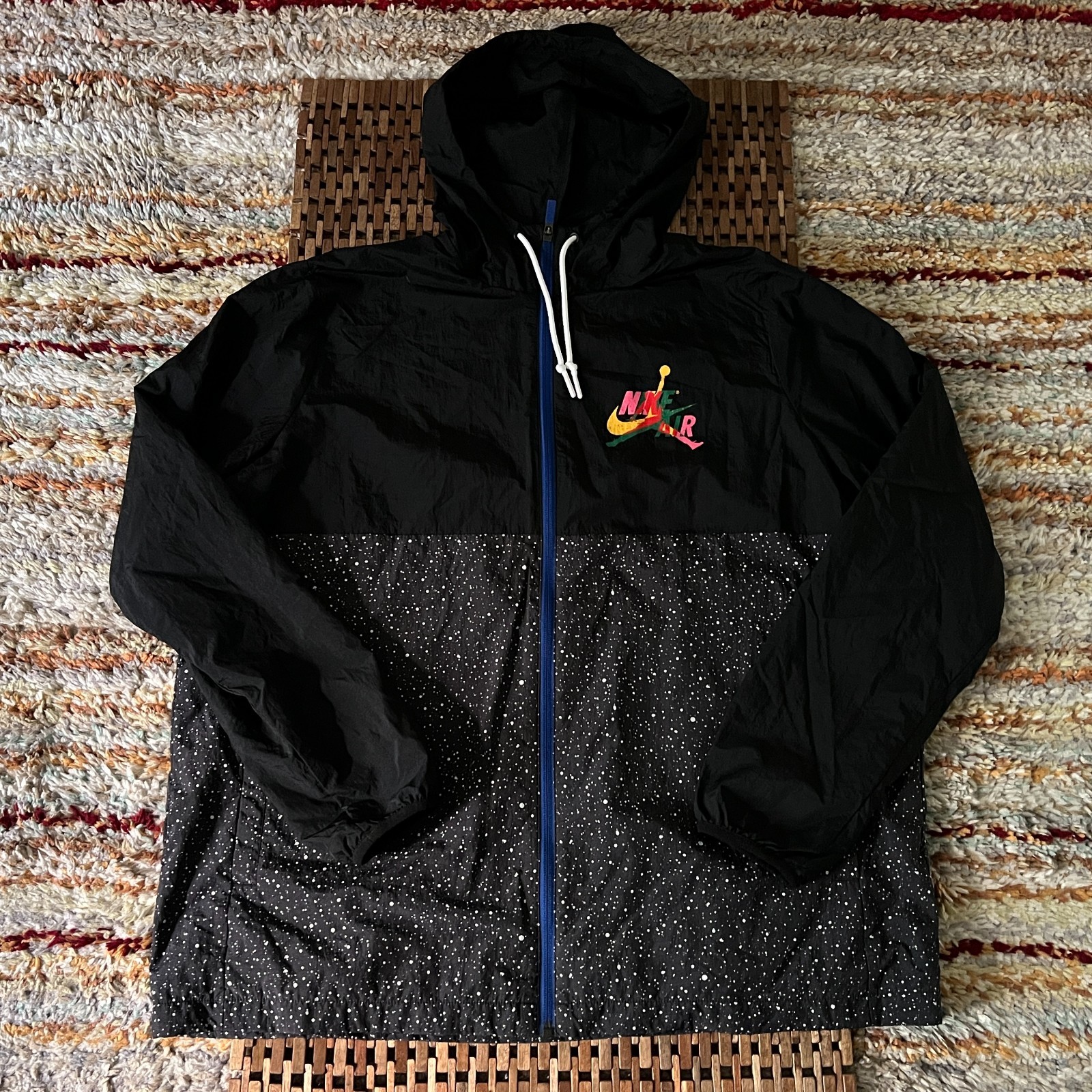 Nike Air Jordan Graphic Print Windbreaker Jacket Hoodie Hoody Black Blue XL