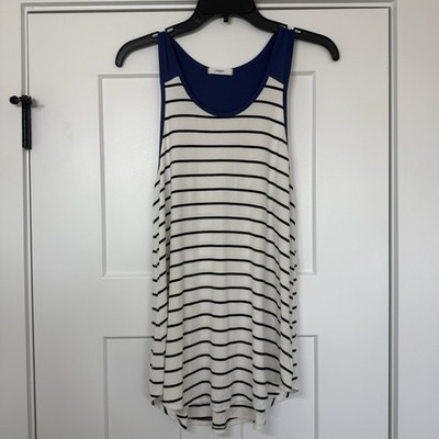 Cherish racerback Tank Top Black White Blue Striped Rayon Spandex Size Large