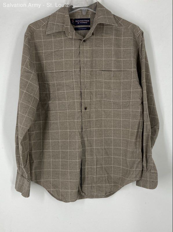 Roundtree & Yorke Mens Tan White Herringbone Cotton Button-Up Shirt Size S