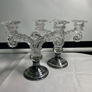Pair of Cambridge glass double light 495 Martha Sterling base 465 candleholders