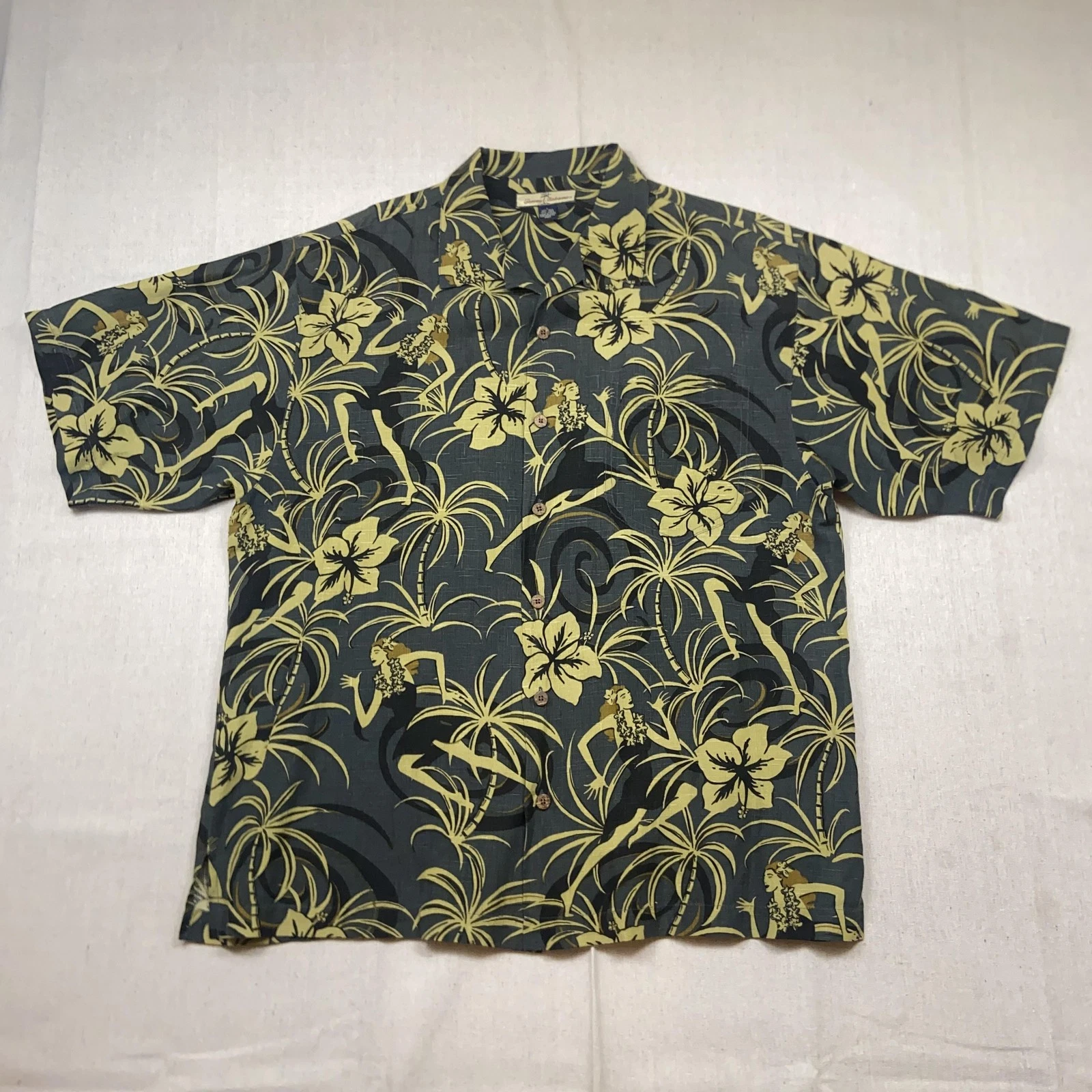 Tommy Bahama Shirt Mens Size L Green Floral Silk Short Sleeve Button-Up Aloha