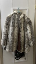 VTG 80s Jordache Faux Fur Coat Snow Leopard Lynx Animal Print Made in USA XL