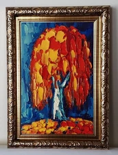 Autumn Birch Tree Abstract Tree Art 4x6 in Impasto oil painting original Framed