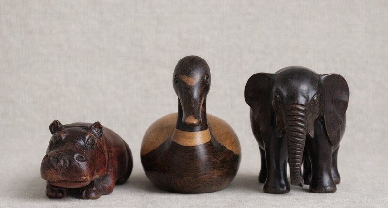 🌸🌺 Hand-Carved Wooden Animal Figurines – Duck, Elephant & Hippo Set - 7”...