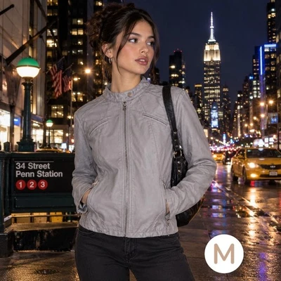 🆕 Chaqueta de motociclista de cuero sintético gris nueva con etiquetas ADIVINA • Talla MEDIANA 🔹️Bikercore Edgy - Imagen 1 de 4