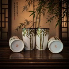 Porcelain Japanese Tea Cups Vintage, Bamboo, Gold Trim, Signed Set of 6