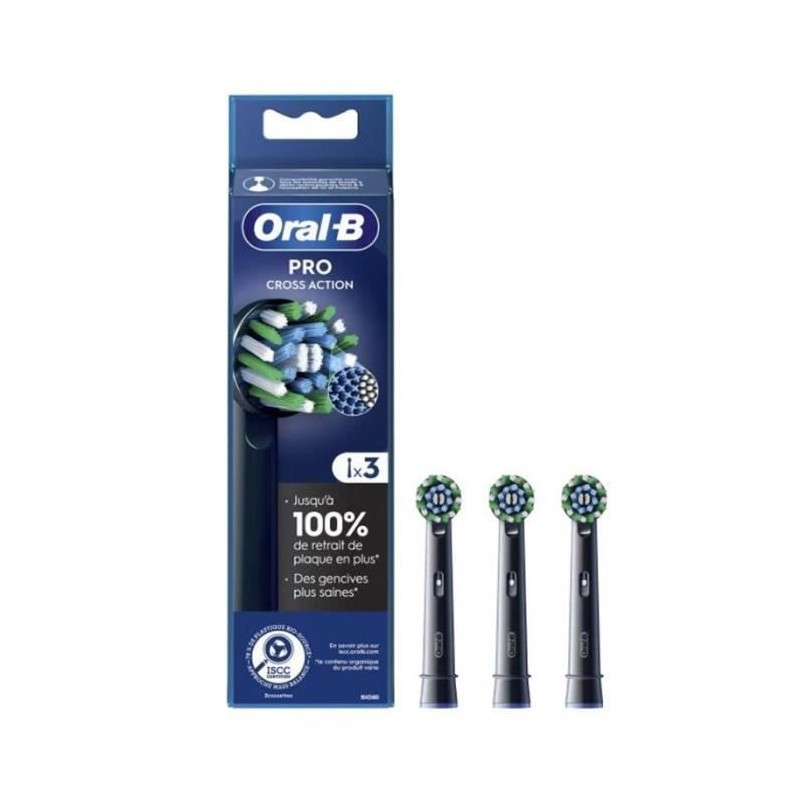 Brossettes Oral-B Pro Cross Action noires, lot de 3 recharges pour stopper la plaque dentaire incrustée
