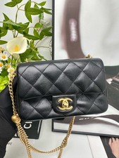 Chanel 25C Square Flap Bag Heart Gold Ball Adjuster Black Leather [Duties Paid]