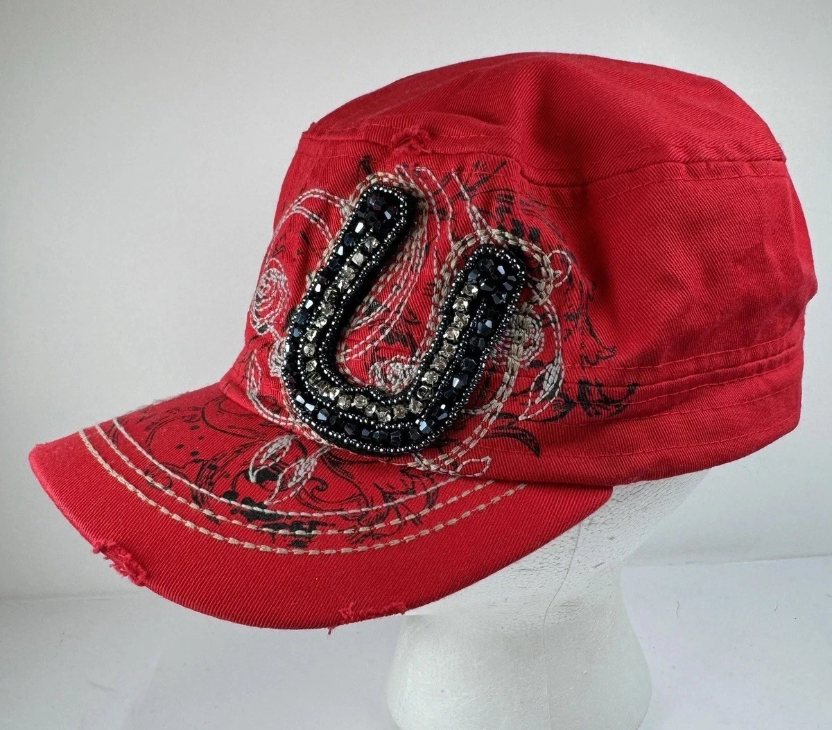 Leader Original Vtg Red Distressed Rose Rhinestone Cadet Military Hat Cap Y2K Mcbling Red Y2K Cadet Hat | Trashy Y2K Aesthetic | 2000s  main image 2