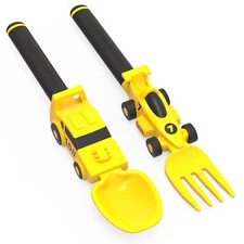 Dinneractive Utensil Set for Kids – Yellow Race Car Themed Fork and Spoon