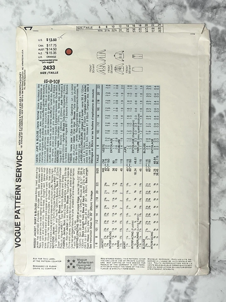 Vtg Anne Klein II for Vogue Career Pattern 2433 Sz 6 8 10 Jacket Skirt Blouse  - Image 2 of 2