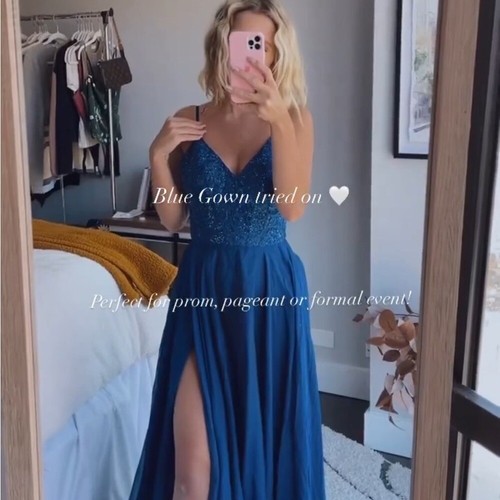 La Femme Sparkle Lace Chiffon Gown Dress Marine Blue Sleeveless Long Designer - Picture 6 of 13