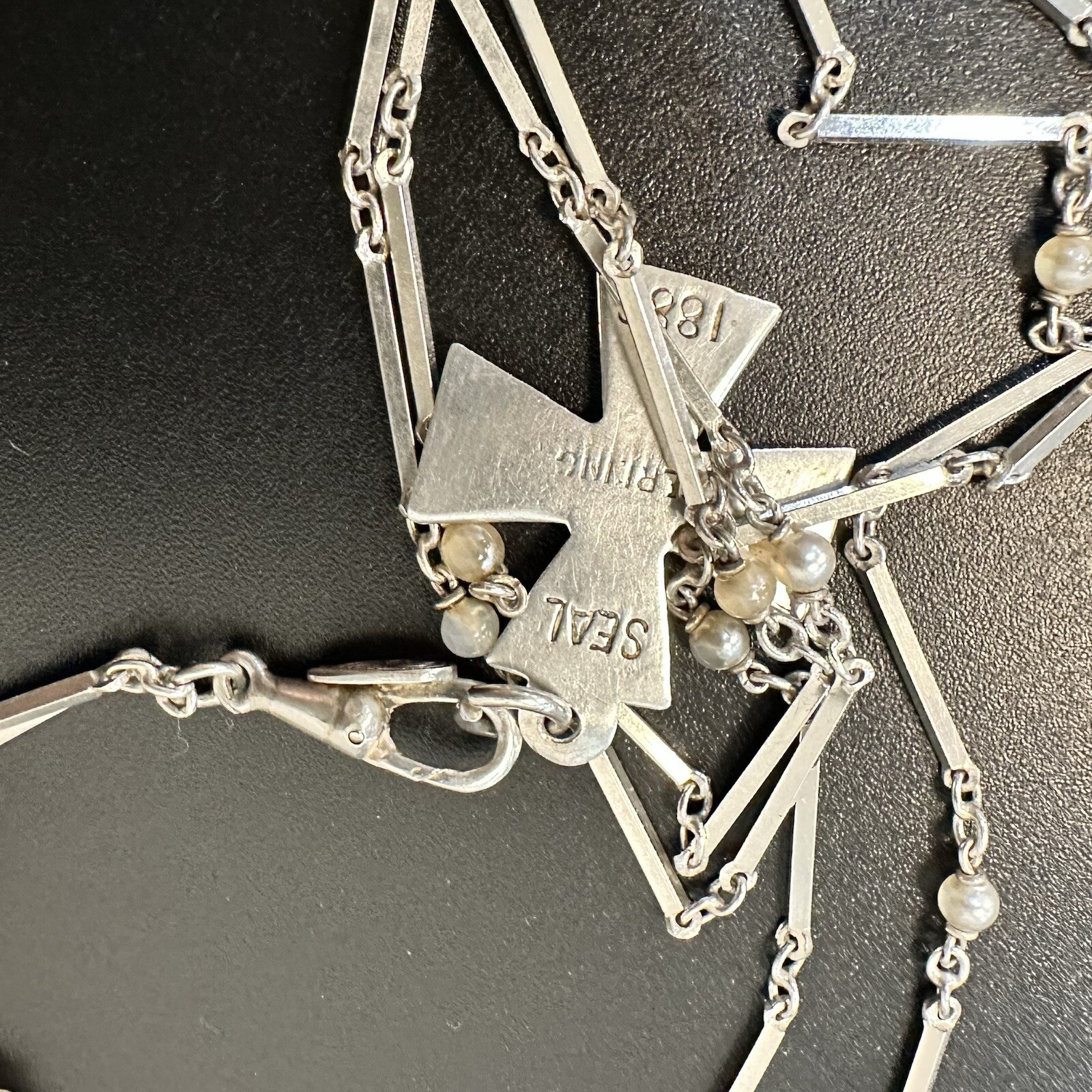 ANTIQUE ESTATE 800 SILVER CHATELAINE NECKLACE 27” w/ STERLING IHN CROSS PENDANT