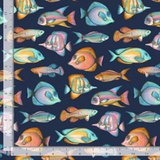 Cotton Fishes Aquatic Water Coral Navy Cotton Fabric Print by the Yard D372.68