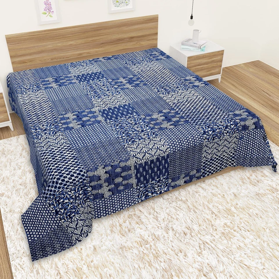 Colcha de algodón color azul Kantha tamaño queen colcha Han cosida tiro  Foto 2 de 4