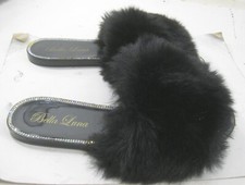 Sandalias planas Bella Luna negras FURRY punta abierta deslizables MUJERES talla 7