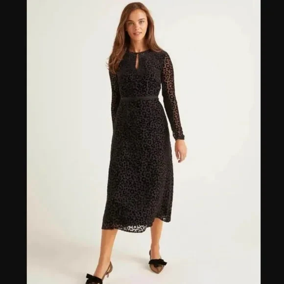 Boden Marie Devore Black Velvet Leopard Dress SZ 14