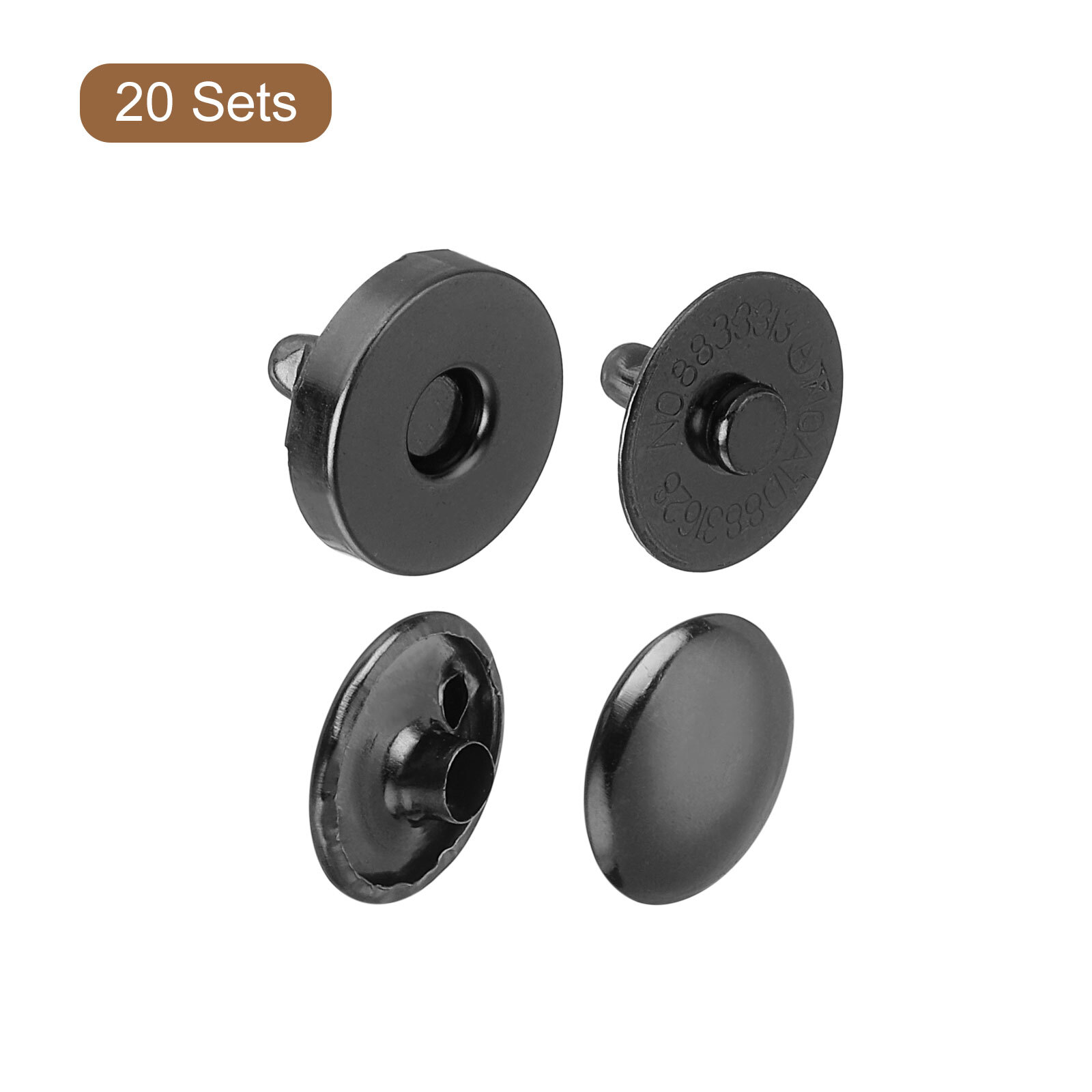 20 Sets 14x4mm Magnetic Round Snaps Button Base Components and Cap Kit, Black