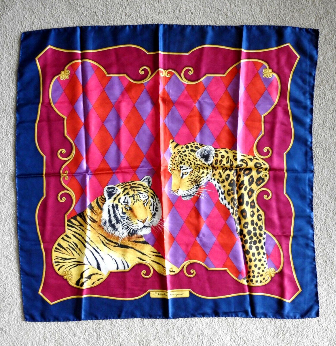 Vintage Salvatore Ferragamo Tiger Pair Scarf Wrap Italy 100% Silk