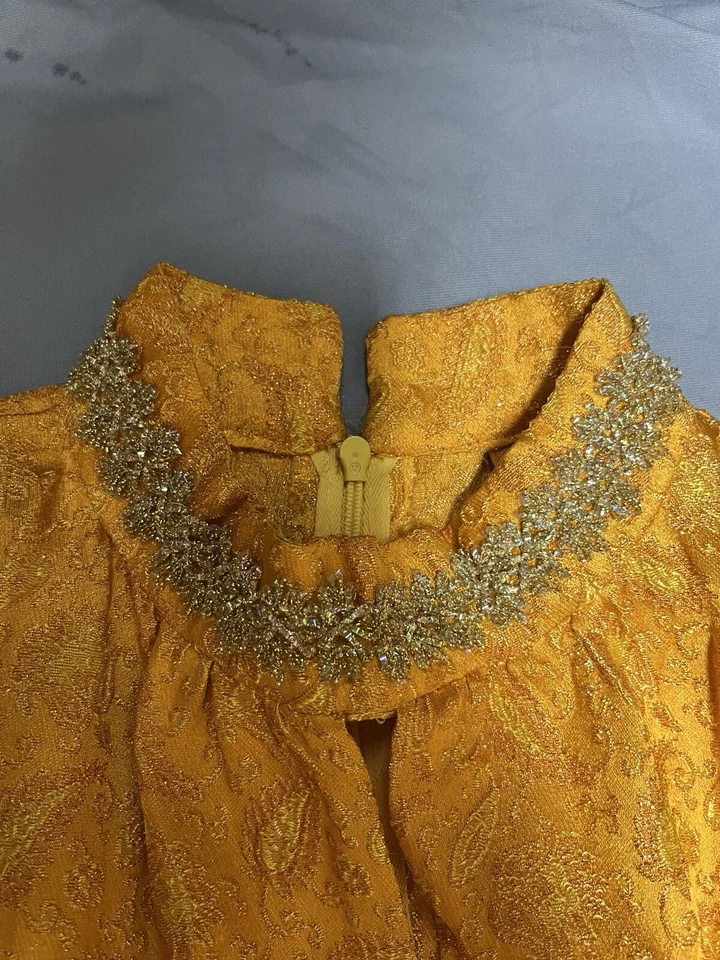 Maxi Vestido Vintage Hecho a Mano de Anfitriona MCM 60s/70 Naranja Metálico Jacquard S/M Foto 4 de 4