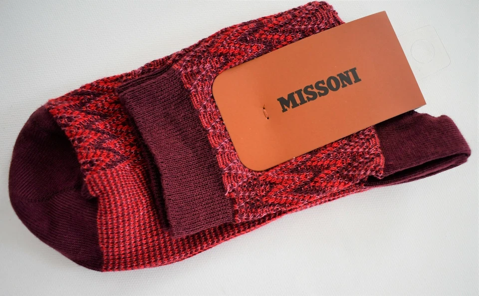 🆕️ MISSONI ORANGE LABEL Borgoña Rojo ZIGZAG CHEVRON Algodón Calcetines al Tobillo S M L Foto 2 de 3