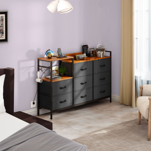 TAUS Fabric Dresser Chest of Drawers 8 Drawers Dresser with Charge Station Gray