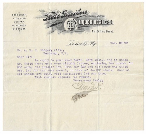 1899 Louisville KY Whiskey Letter ~ Trost Brothers, Dealers & Distillers