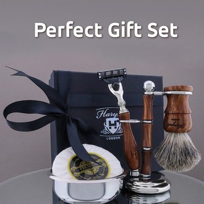 Haryali London Mach3 Rasier-Set, Holz, 5pc, Premium-Rasierpinsel-Set für Herren