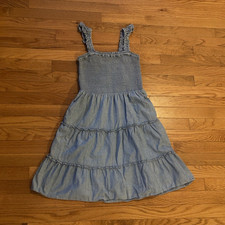 J.CREW Blue Chambray Sundress XXS Square Neck Smocked Tiered Ruffle Midi