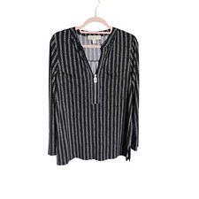 Michael Kors Chain Print Zip Neck Blouse Black Silver Womens Medium