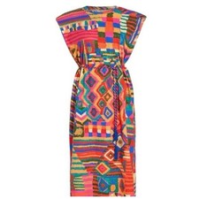 Farm Rio Patchwork Print Sleeveless Midi Dress Multi-Color Braided Tassel Belt