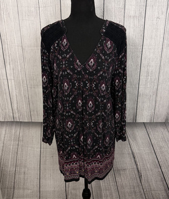 Daniel Rainn Women's 3X Black Floral 3/4 Sleeve V-Neck Peasant Tunic Blouse