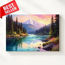 Forest River Vibrant Golden Hour Alpine Wilderness Scene Canvas Wall Art