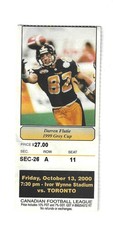 TICKET STUB ARGONAUTS VS TIGER-CATS OCT 13TH 2000 DARREN FLUTIE ON TICKET
