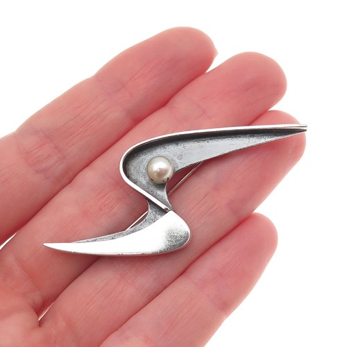 Phyllis Sklar Sterling Silver Vintage Real Pearl Modernist Oxidized Pin Brooch