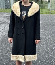 Vtg 1960s 1970s Black Wool Coat Genuine Light Mink Fur Collar Trim ILGWU USA