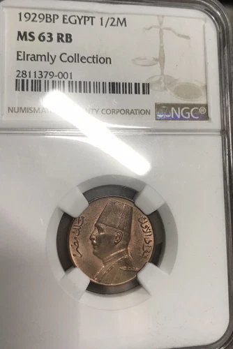 EGYPT, 1929BP BRONZE 1/2 MILLIEME. KING FOUAD. NGC MS 63 Rb Rare